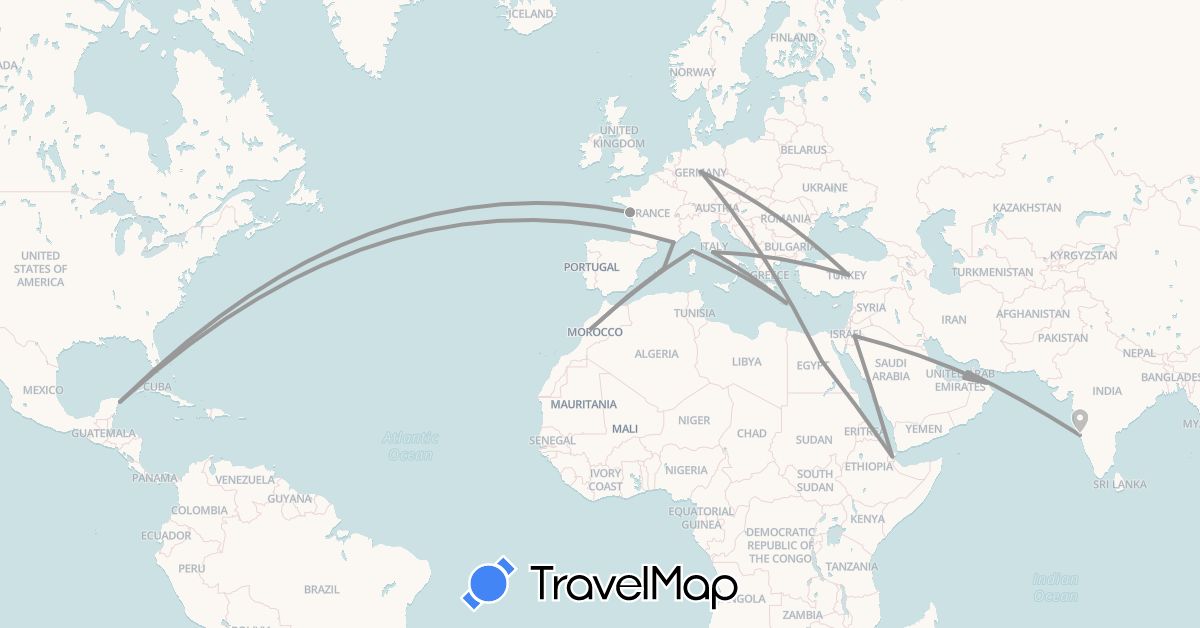 TravelMap itinerary: driving, plane in United Arab Emirates, Germany, Djibouti, Egypt, Spain, France, Greece, India, Italy, Jordan, Morocco, Mexico, Oman, Turkey (Africa, Asia, Europe, North America)